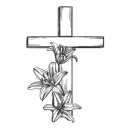 Holzkreuz mit Lilienblüten, die an der linken Seite des Kreuzes angeordnet sind. Zeichnung in schwarz-weiß.